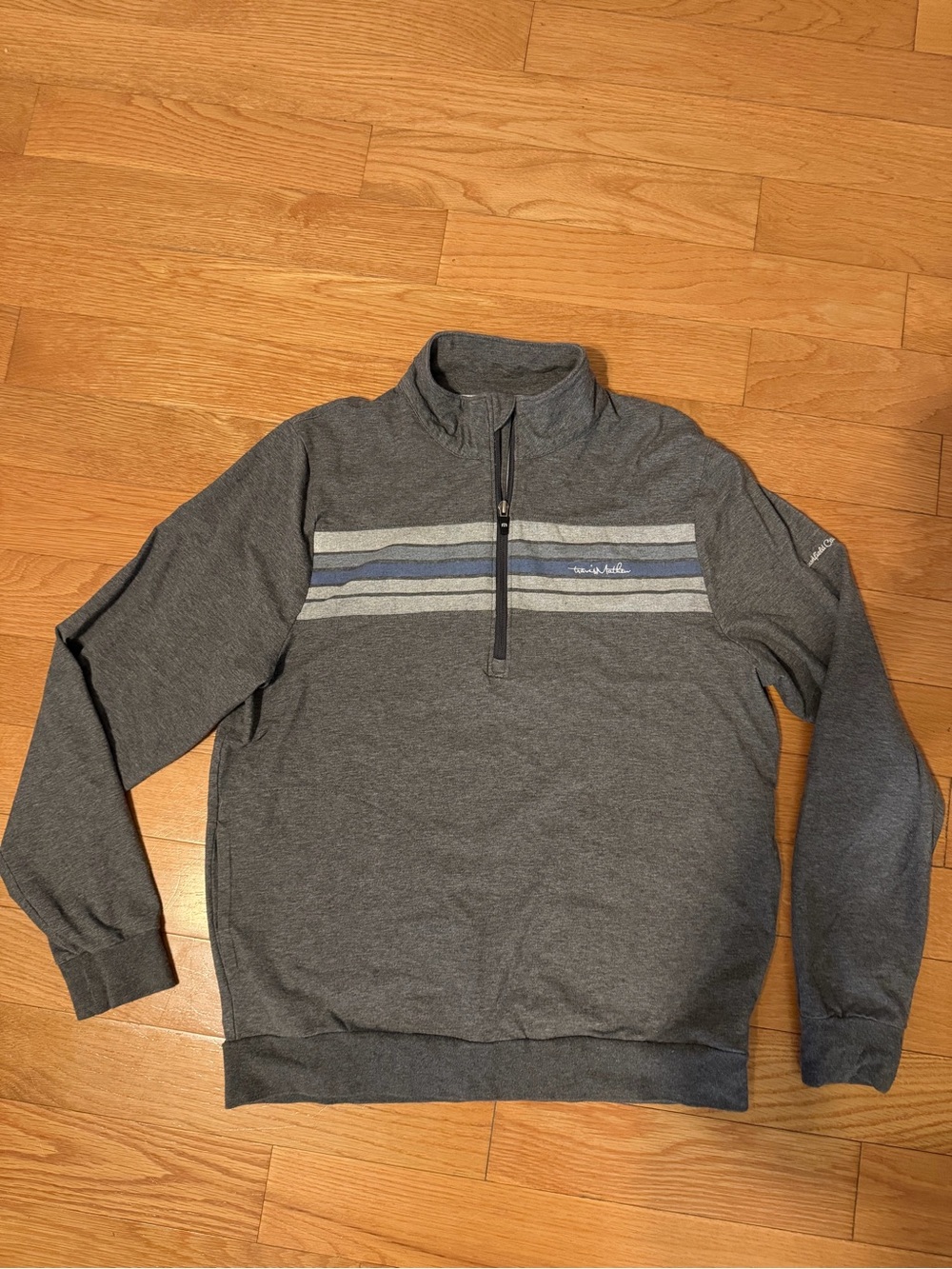 Travis Mathew Grey Quarter-Zip Sweater with Blue Stripe